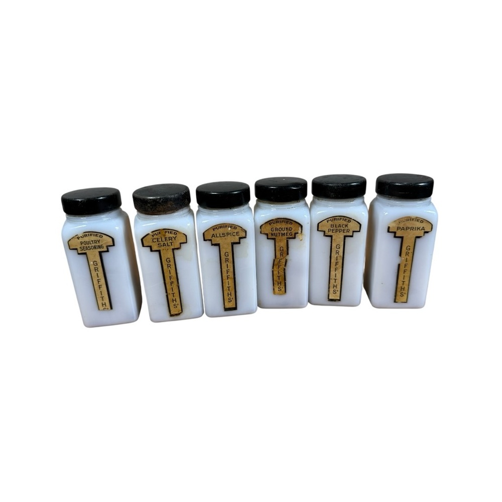 Vintage White Glass Spice Jars with Black Lidsβ - Set of 6